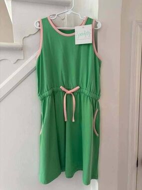 Serendipity Girls' Green Sleeveless Casual Dress with Pink Trim